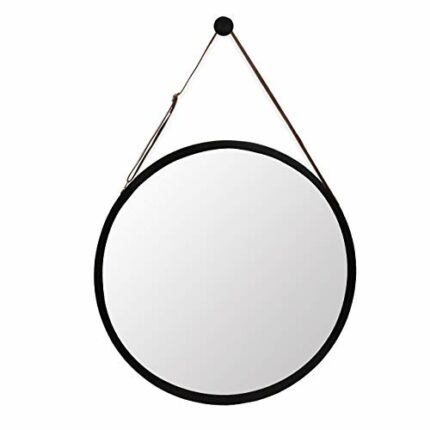 Wall Round Circle Black Mirror - Bamboo Frame 17-3/4 Inch & Adjustable Hanging Leather Strap