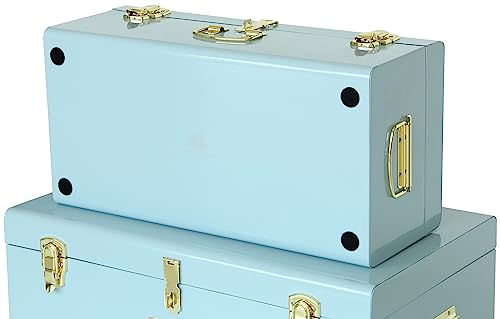 Vixdonos Metal Trunk Decorative Storage Box Set of 2 College Dorm Chest with Handle (Light Blue)