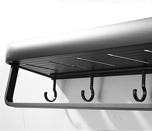 Modern Double Layer Bathroom Storage Shelves and One Towel Bar and 5 Moveable Hooks, Black Aluminum Towel Holders Towel Rack, Shower Storage Shel