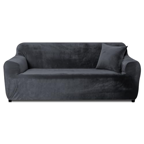 Yeahmart Thick Sofa Covers 1/2/3 Seater Pure Color Sofa Protector Velvet Easy Fit Elastic Fabric Stretch Couch Slipcover (Silver Grey, 3 Seater 1