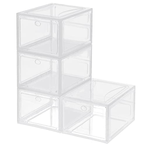 KEESIN 4 Pack Shoe Box Transparent Stackable Plastic Drop Shoe Storage Box with Magnetic Lids Vent Opening Hole,for Women/Men (36x27.5x21CM, Tran