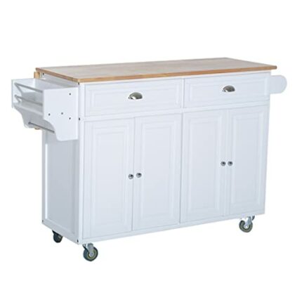 WALNUT Rolling Kitchen Island On Wheels Cart With Drop Leaf And Rubberwood Countertop, Storage Drawers, Door Cabinets