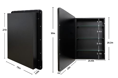 FOMAYKO Farmhouse Black Metal Framed Recessed Bathroom Medicine Cabinet with Mirror Rounded Rectangle Vanity Mirros for Wall 22x30 inch