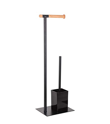 KOOK TIME - Toilet roll holder free standing, black matt powder coated metal,18 x 56 cm. 2 in 1 bathroom accessory, toilet roll holder and toilet