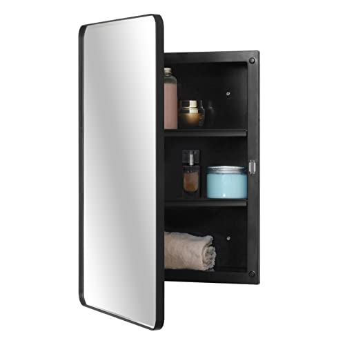 Fundin Plastic Mirror Cabinet, Beveled Edge Mirror Door with Round Corner Metal Frame, Recessed and Surface Mount, Black,40 X 61 CM