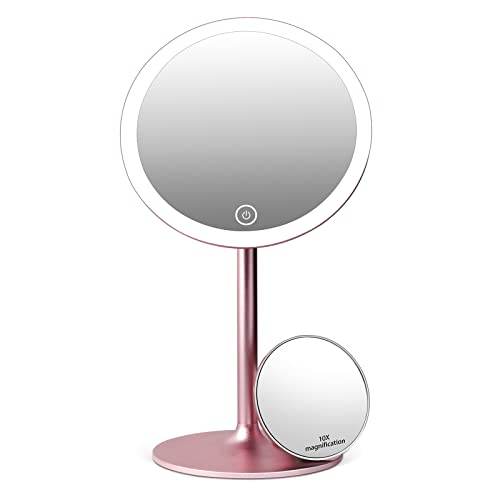 Kostlich Makeup Mirror with Lights, Rechargeable Vanity Mirror with 10X Magnifying Small Pocket Mirror - Aluminum Stand, Detachable, Touch Sensor