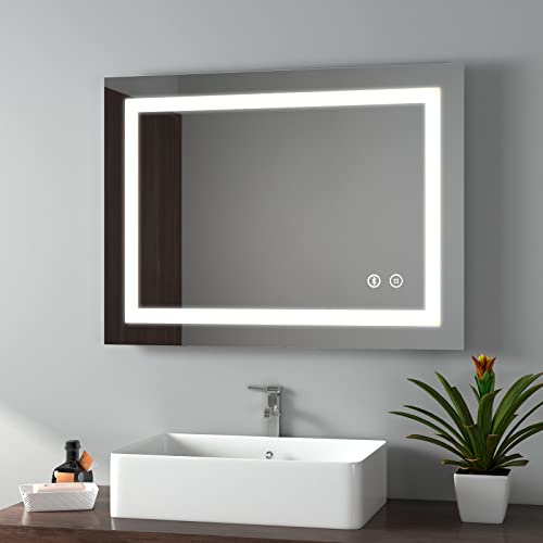 EMKE 500 x 700mm LED Illuminated Bathroom Mirror with Shaver Socket | Touch Switch | Demister Pad, Wall-Mounted Vanity Multifunction Mirror, Ener