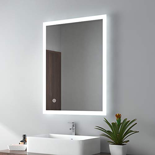 EMKE 450 X 600 mm Backlit Illuminated Bluetooth Bathroom Mirror with Shaver Socket, Wall Mounted Multifunction Bathroom Vanity Mirror with LED Li