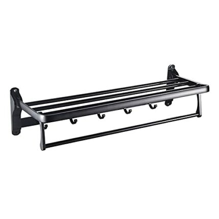 -Shelf,Towel Rack Foldable Double Row Towel Rack, Aluminum Wall Mounted Towel Rail, Black Towel Holder for Bathroom Kitchen Storage