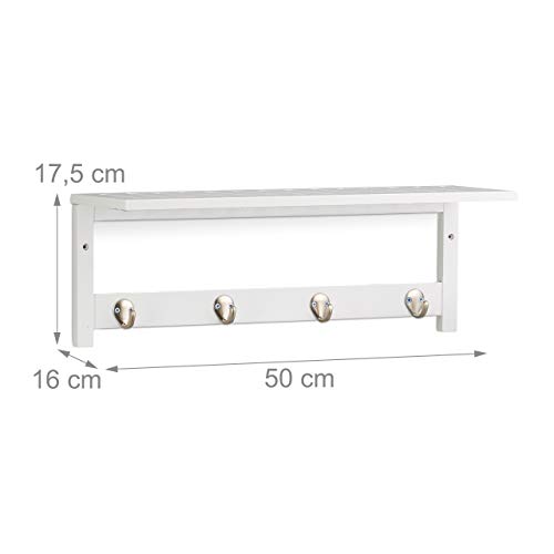 Relaxdays Wall 4 Hooks, HxWxD: 17.5 x 50 x 16 cm, Bamboo, Towel Holder, Hallway Coat Rack, Floating, White, 16 x 50 x 17.5 cm