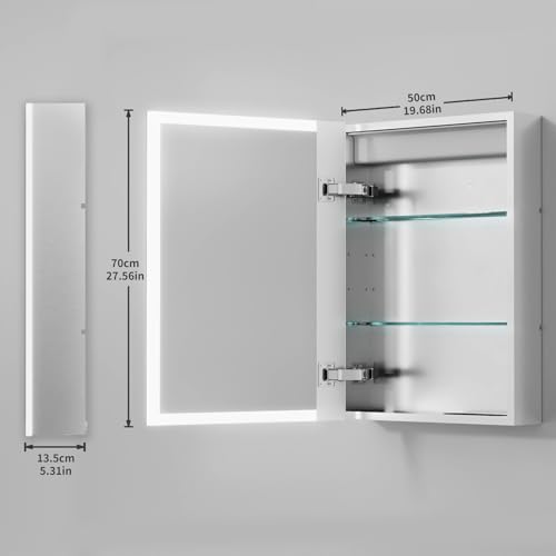 LUVODI Bathroom Mirror Cabinet with Lights: 500x700mm Illuminated LED Mirror Medicine Cabinet with Front + Inside Light Defogger, 3 Dimmable Colo
