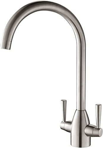 Hapilife Kitchen Tap Modern Design Monobloc Two Handle High Arc 360 Swivel Spout Mono Hot and Cold Water Sink Taps Mixers Faucet Brushed Nickel H