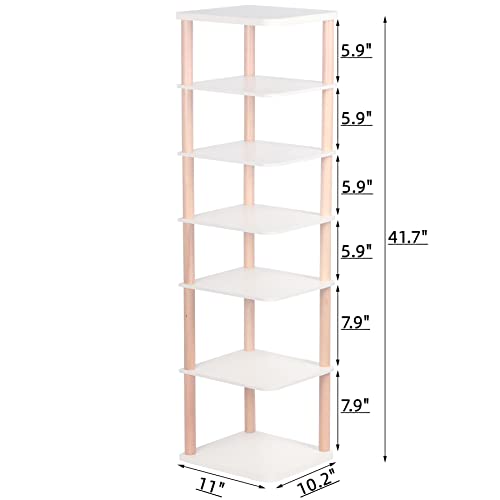 LUCKNOCK 7 Tiers Vertical Shoe Rack, Narrow Shoe Organizer, Stylish Wooden Shoe Storage Stand, Space Saving Shoe Shelf, Shoe Tower, Free Standing
