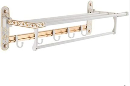 XHALERY Bath Towel Rack Bathroom Shelves, Foldable Wall Mounted Double Towel Holder with Towel Bar