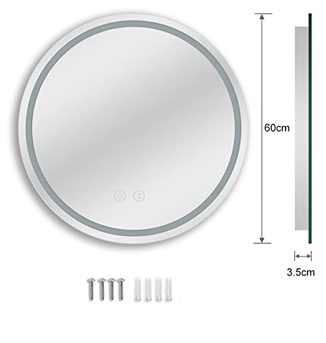 Dripex 600mm Round Bathroom Mirror with LED Light, Illuminated Wall Mounted Vanity Mirror with Demister, Anti-fog Large Circle Makeup Mirror, 3-C