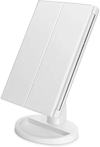 Makeup Vanity Mirror with Lights,1x 2x 3x Magnification, 21Leds Light and Touch Screen,180 Degree Rotation,Dual Power Supply, Portable Trifold Tr