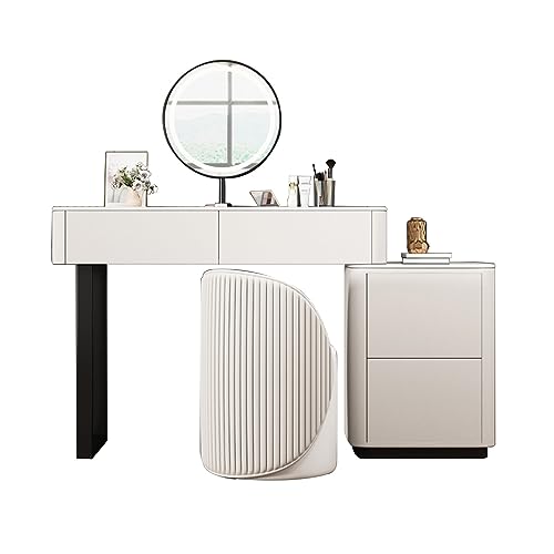 HAWEWE Modern Makeup Vanity Set With Side Cabinet, Round Lighted Mirror And PU Leather Stool Dressing Table For Girls Wife Daughter Bedroom (Colo
