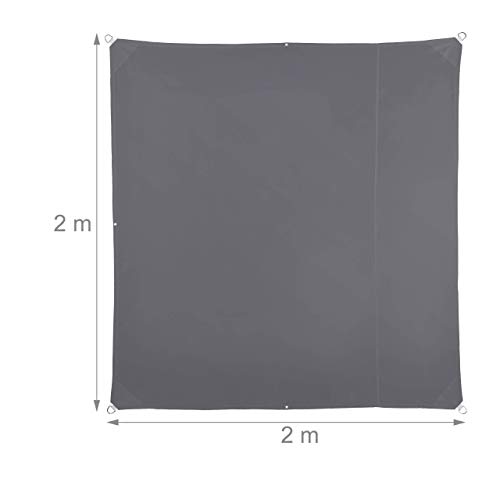 Relaxdays Shade Sail, Square, Water-Repellent, UV-Protection with Tethers, Balcony Canopy, WxD: 2 x 2 m, Grey