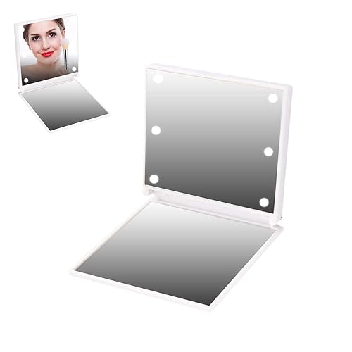 LED Lighted Makeup Mirror, 6 LEDs Handheld Illuminated Compact Mirror Portable Battery Powered Folding Cosmetic Mirror with Light for Women and G