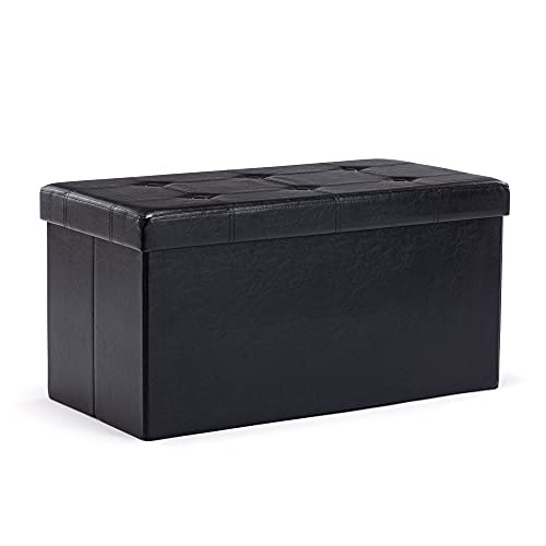 HNNHOME 76 x 38 x 38cm Folding Storage Ottoman Bench,Chest Toy Box, Padded Faux Leather Footstool Footrest with Lids (Meduim, Black)
