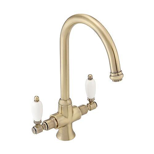 ENKI, Dorchester, KT059, Antique Oil Rubbed Bronze Dual Flow Kitchen Sink Mixer Tap for Basin, Twin White Levers Swivel Spout Perfect for Double