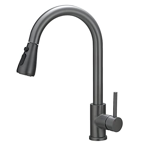 Heable Kitchen Sink Mixer Tap with Pull Down Sprayer Chrome, Single Handle High Arc Pull Out Kitchen Taps, Single Level Solid Brass Kitchen Fauce