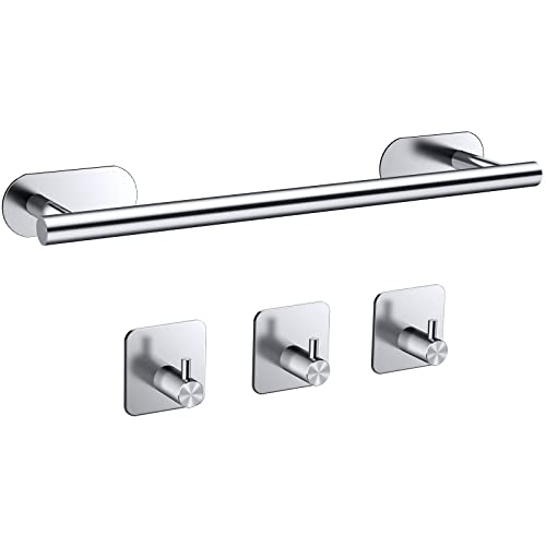Black Towel Rail Set,JiGiU 5 Pieces Self Adhesive Bathroom Hardware Kit 16 inch Hand Towel Holder,Toilet Paper Holder & 3 Towel Hook SUS304 Stain