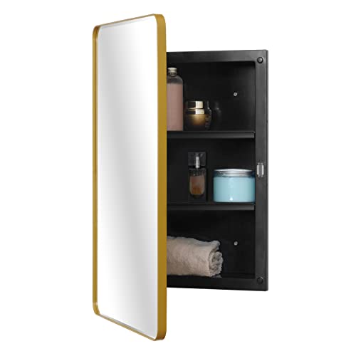Fundin Plastic Mirror Cabinet, Beveled Edge Mirror Door with Round Corner Metal Frame, Recessed and Surface Mount, Black,40 X 61 CM