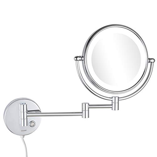 DOWRY Wall Mounted Magnifying Mirror with Light 5x,Gold Extendable Mirror,LED Illuminated Shaving Mirror,360 ° Rotatable Double Sided Mirror,Ø20c