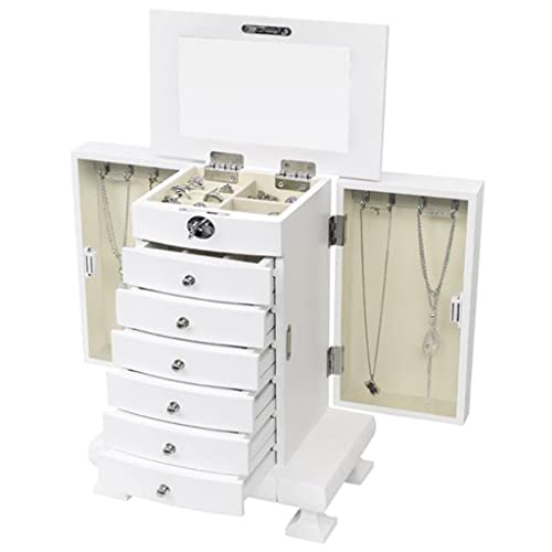 FGHOEV Handcrafted Wooden Jewelry Box Organizer Wood 7 Layers Case with 6 Drawers-White
