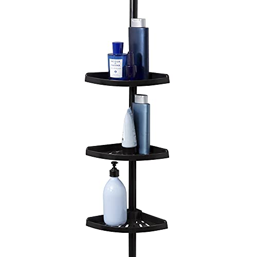 Compactor Adjustable Corner-Shelf for Shower, Extendable Pressure Mounting, Anti-Rust Steel and ABS Plastic, 20 x 20 x H.165 - 275 cm, Black, RAN