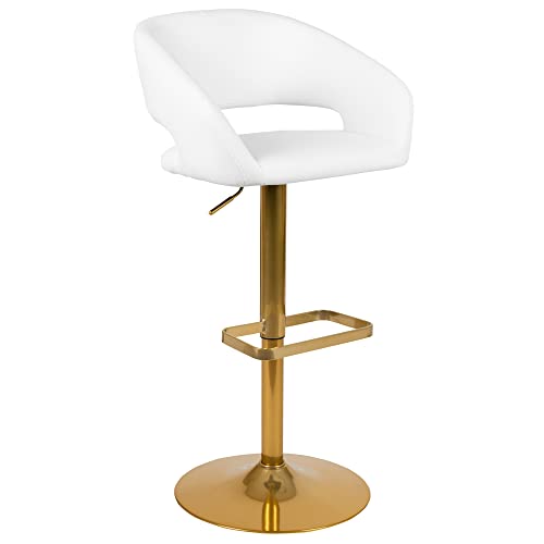 Flash Furniture Erik Comfortable & Stylish Contemporary Barstool with Rounded Mid-Back and Foot Rest, Adjustable Height - White Vinyl with Gold B