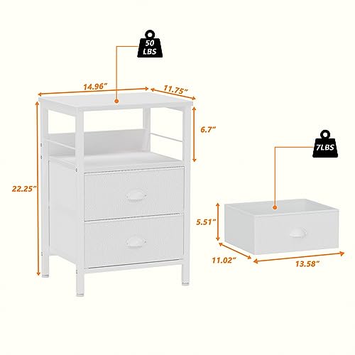 Furologee Nightstand with 2 Fabric Drawers, White Beside Table, End Table with 2-Tier Shelf, Side Table with Hooks and Wood Top for Bedroom/Livin