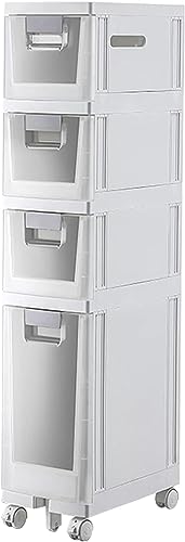2/3/4-Tiers Bathroom Floor Storage Cabinet, White Plastic Unit Tower Narrow Storage Cabinet Organizer with Wheels for Kitchen, Bathroom, Bedroom,