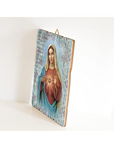 Fratelli Bonella | Vintage Style Shaped Wooden Picture of the Immaculate Heart of Mary 19x24 cm | Made in Italy