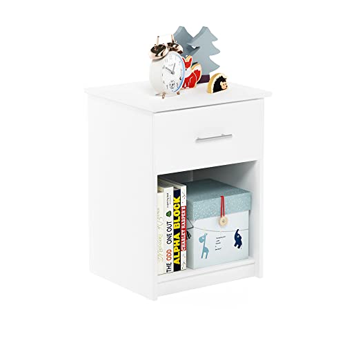 Furinno Nightstand with Handle with One Drawer, Engineered Wood, Solid White, 1-Pack