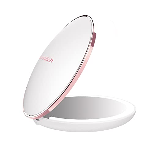 Kostlich Compact Makeup Mirror with Dimmable LED Lights, 1x/7x Magnifying, Rechargeable 127mm Wide Portable Travel Mirror for Handbag Purse, Whit