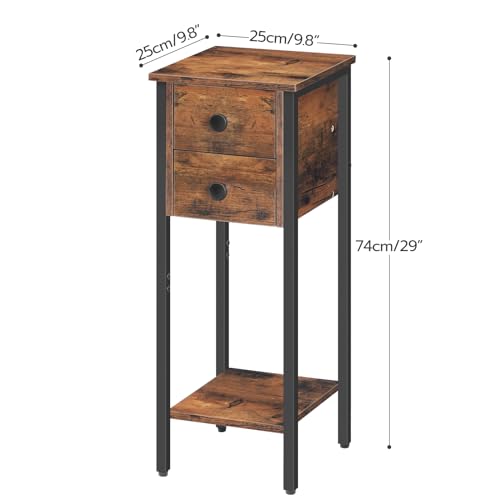 HOOBRO Narrow Bedside Table, Small Bedside Table Set of 2, Telephone Table with 2 Drawers, Slim Side Table with Metal Frame, Tall Nightstand with
