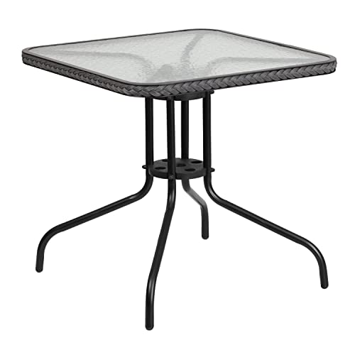 Flash Furniture Patio Table, Aluminum, Steel, Metal, Glass, Plastic, Clear Top/Gray Rattan, 1 Pack