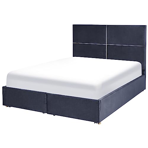 Velvet Bed Frame EU Double Size with Storage 4ft6 Black Slatted Base Vernoyes