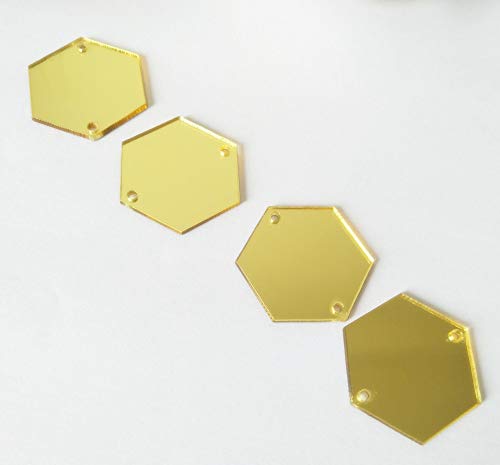 MEYA Sew On Hexagon Acrylic Mirror Beads, Mirror Diamante Rhinestone Crystal Flat Back Mirror Beads with Hole (Gold)