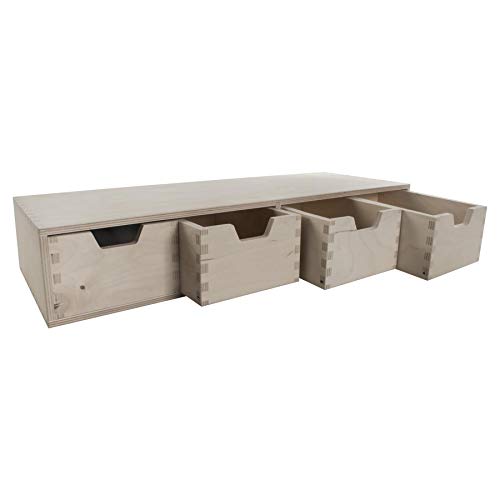 WooDeeDoo Horizontal Desk Organiser | 56 x 20 x 10 cm | Mini Wooden Chest 4 Drawers | Shallow Storage Cupboard Cabinet Unit Trinket Box | Unpaint