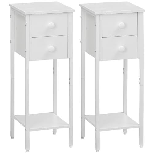 HOOBRO Narrow Bedside Table, Small Bedside Table Set of 2, Telephone Table with 2 Drawers, Slim Side Table with Metal Frame, Tall Nightstand with