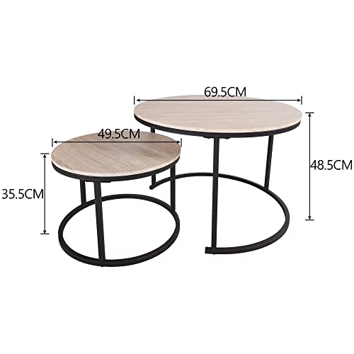 HOJINLINERO Black Round Coffee Table Set of 2 Side/ End Table for Living Room, Bedroom Decorations, Industrial Stacking Wood Look Accent Furnitur