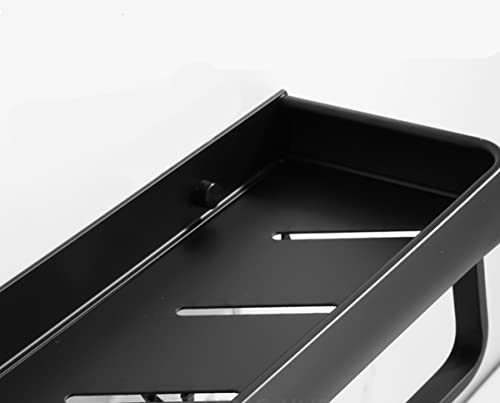 Modern Double Layer Bathroom Storage Shelves and One Towel Bar and 5 Moveable Hooks, Black Aluminum Towel Holders Towel Rack, Shower Storage Shel