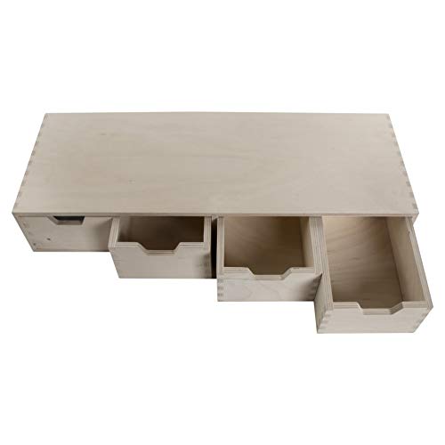 WooDeeDoo Horizontal Desk Organiser | 56 x 20 x 10 cm | Mini Wooden Chest 4 Drawers | Shallow Storage Cupboard Cabinet Unit Trinket Box | Unpaint