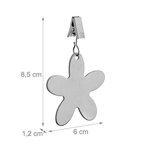 Relaxdays Tablecloth Weights, Pack of 8 Clips, Curtain Clamps, in-& Outdoors, Stainless Steel, Flower, Silver, Floral, 8.5 x 6 cm