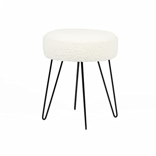 OHS Teddy Fleece Stool Hairpin Boucle Leg Foot Stool Rest Bedroom Upholstered Vanity Dressing Table Chair Round Pouffe - White