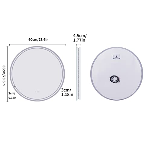 LUVODI LED Bathroom Mirror Round: 600mm Illuminated Dimmable Backlit Lighted Wall Circle Vanity Mirror with Anti Fog + Smart Touch Button Makeup