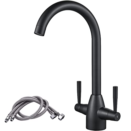 NewEast Kitchen Taps,Modern Double Handle Kitchen Mixer Sink Tap Swivel Spout Brushed Nickel